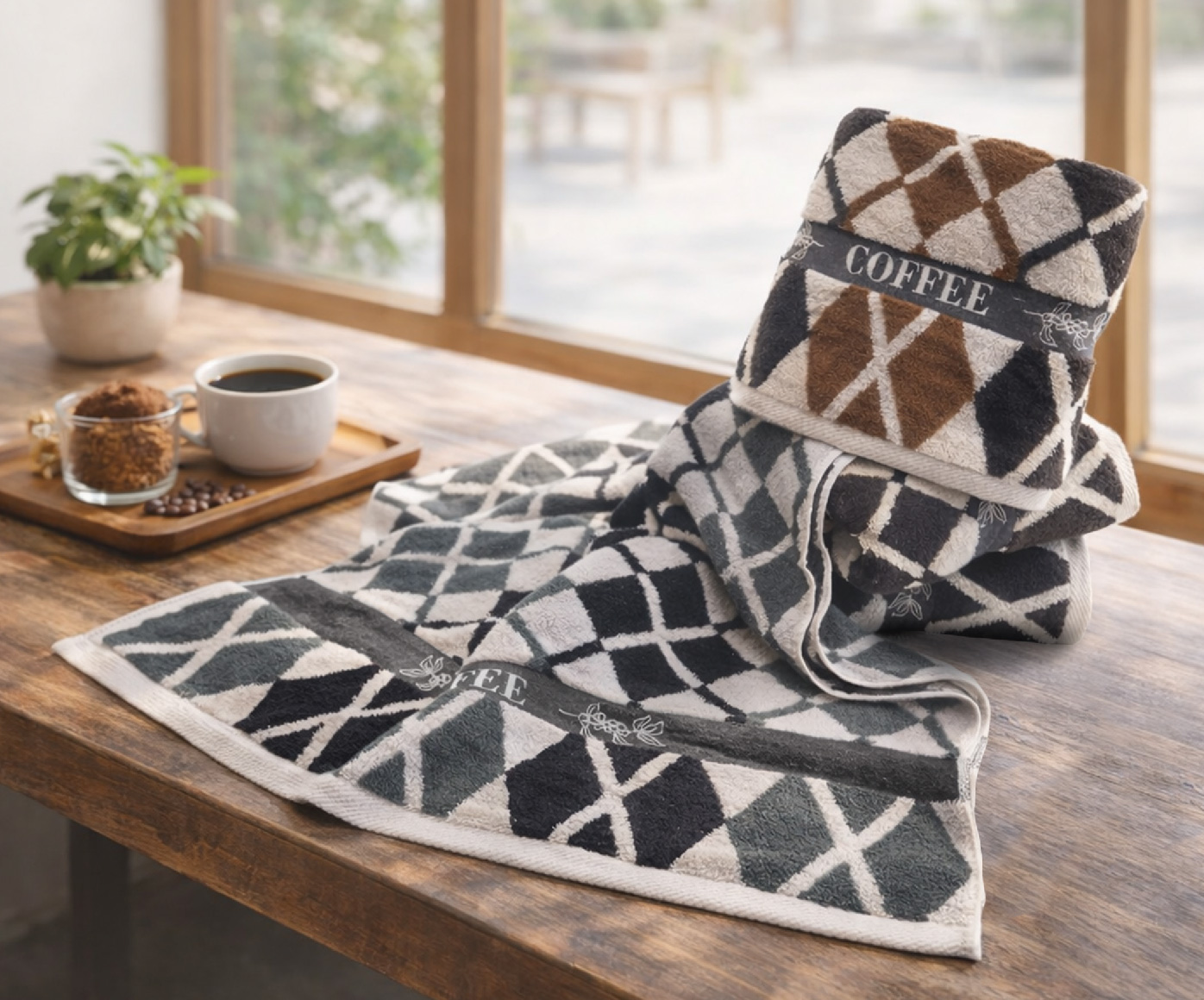 機能咖啡紗菱格紋浴巾